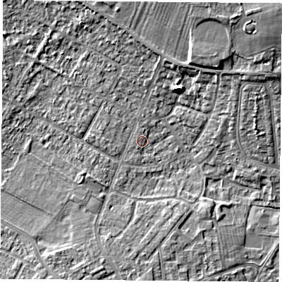 Shaded relief map of the ground around DN68QD, computed from Environment Agency LiDAR. The ground here sits at about 8 m above sea level and falls 12 m across the surrounding 800 m. Surface water reaching this point runs off ground lying to the south-west, 1.1 m higher.