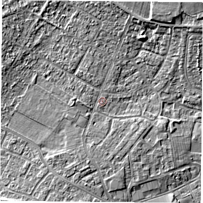 Shaded relief map of the ground around DN68QE, computed from Environment Agency LiDAR. The ground here sits at about 9 m above sea level and falls 10 m across the surrounding 800 m. Surface water reaching this point runs off ground lying to the west, 1.7 m higher.