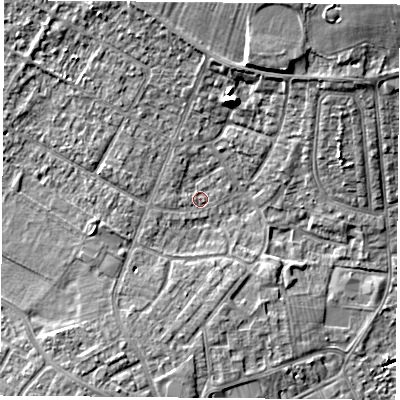 Shaded relief map of the ground around DN68QF, computed from Environment Agency LiDAR. The ground here sits at about 7 m above sea level and falls 13 m across the surrounding 800 m. Surface water reaching this point runs off ground lying to the south-west, 2.2 m higher.