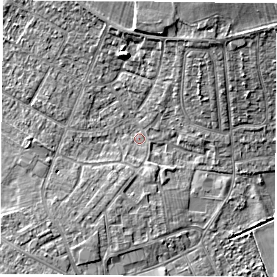 Shaded relief map of the ground around DN68QG, computed from Environment Agency LiDAR. The ground here sits at about 7 m above sea level and falls 13 m across the surrounding 800 m. Surface water reaching this point runs off ground lying to the south, 1.7 m higher.