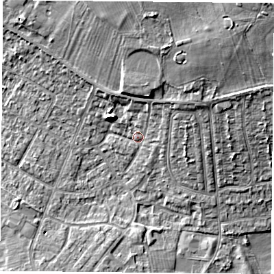 Shaded relief map of the ground around DN68QL, computed from Environment Agency LiDAR. The ground here sits at about 9 m above sea level and falls 14 m across the surrounding 800 m. Surface water reaching this point runs off ground lying to the north-east, 5.4 m higher.