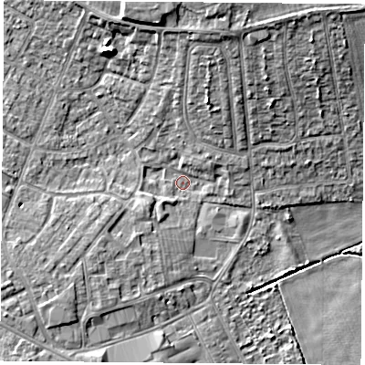 Shaded relief map of the ground around DN68QS, computed from Environment Agency LiDAR. The ground here sits at about 6 m above sea level and falls 12 m across the surrounding 800 m. Surface water reaching this point runs off ground lying to the north-north-west, 9.6 m higher.