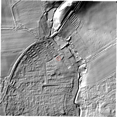Shaded relief map of the ground around DN68RD, computed from Environment Agency LiDAR. The ground here sits at about 18 m above sea level and falls 18 m across the surrounding 800 m. Surface water reaching this point runs off ground lying to the north-west, 8.0 m higher.