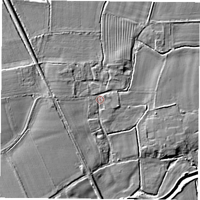 Shaded relief map of the ground around DN69BU, computed from Environment Agency LiDAR. The ground here sits at about 6 m above sea level and falls 5 m across the surrounding 800 m. Surface water reaching this point runs off ground lying to the west, 3.3 m higher.