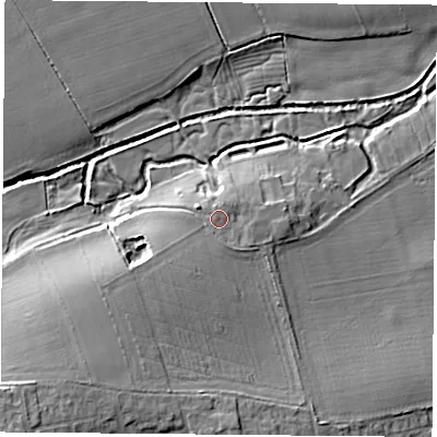 Shaded relief map of the ground around DN69BX, computed from Environment Agency LiDAR. The ground here sits at about 13 m above sea level and falls 14 m across the surrounding 800 m. Surface water reaching this point runs off ground lying to the south, 1.2 m higher.