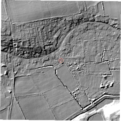 Shaded relief map of the ground around DN69EZ, computed from Environment Agency LiDAR. The ground here sits at about 6 m above sea level and falls 13 m across the surrounding 800 m. Surface water reaching this point runs off ground lying to the north-west, 9.8 m higher.