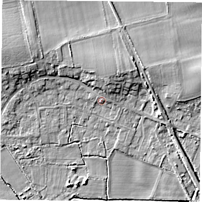Shaded relief map of the ground around DN69HH, computed from Environment Agency LiDAR. The ground here sits at about 6 m above sea level and falls 8 m across the surrounding 800 m. Surface water reaching this point runs off ground lying to the north-north-east, 5.0 m higher.