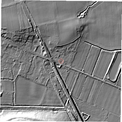 Shaded relief map of the ground around DN69HP, computed from Environment Agency LiDAR. The ground here sits at about 5 m above sea level and falls 11 m across the surrounding 800 m. Surface water reaching this point runs off ground lying to the north-west, 4.3 m higher.