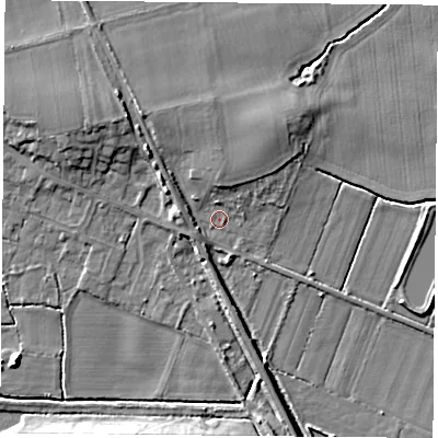 Shaded relief map of the ground around DN69HR, computed from Environment Agency LiDAR. The ground here sits at about 5 m above sea level and falls 7 m across the surrounding 800 m. Surface water reaching this point runs off ground lying to the north-west, 4.2 m higher.