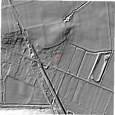 Shaded relief map of the ground around DN69HS, computed from Environment Agency LiDAR. The ground here sits at about 6 m above sea level and falls 7 m across the surrounding 800 m. Surface water reaching this point runs off ground lying to the north-north-west, 2.3 m higher.