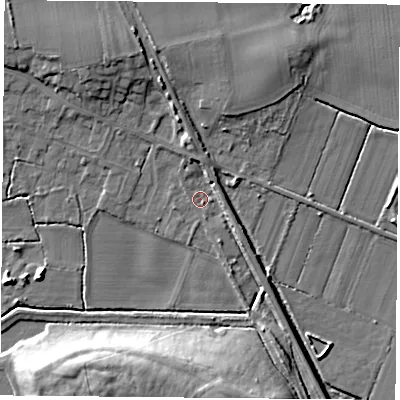 Shaded relief map of the ground around DN69HW, computed from Environment Agency LiDAR. The ground here sits at about 5 m above sea level and falls 13 m across the surrounding 800 m. Surface water reaching this point runs off ground lying to the south-south-east, 4.9 m higher.