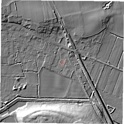 Shaded relief map of the ground around DN69JA, computed from Environment Agency LiDAR. The ground here sits at about 5 m above sea level and falls 13 m across the surrounding 800 m. Surface water reaching this point runs off ground lying to the north, 5.8 m higher.