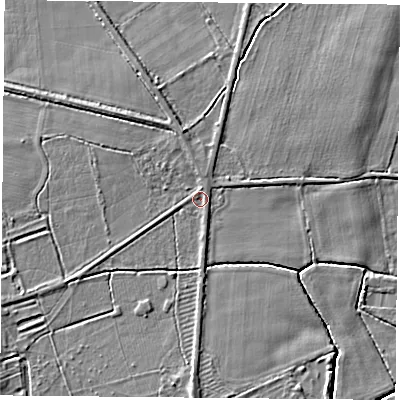 Shaded relief map of the ground around DN69JE, computed from Environment Agency LiDAR. The ground here sits at about 5 m above sea level and falls 4 m across the surrounding 800 m. Surface water reaching this point runs off ground lying to the north, 1.0 m higher.