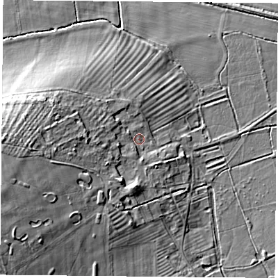 Shaded relief map of the ground around DN69JF, computed from Environment Agency LiDAR. The ground here sits at about 9 m above sea level and falls 14 m across the surrounding 800 m. Surface water reaching this point runs off ground lying to the west, 7.4 m higher.