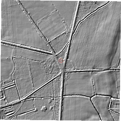 Shaded relief map of the ground around DN69JG, computed from Environment Agency LiDAR. The ground here sits at about 6 m above sea level and falls 4 m across the surrounding 800 m. Surface water reaching this point runs off ground lying to the north-west, 1.6 m higher.