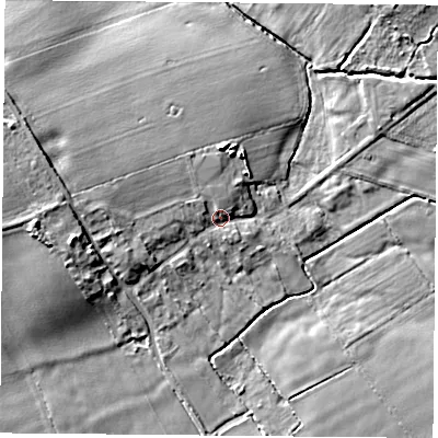 Shaded relief map of the ground around DN69LB, computed from Environment Agency LiDAR. The ground here sits at about 8 m above sea level and falls 10 m across the surrounding 800 m. Surface water reaching this point runs off ground lying to the west-north-west, 6.1 m higher.
