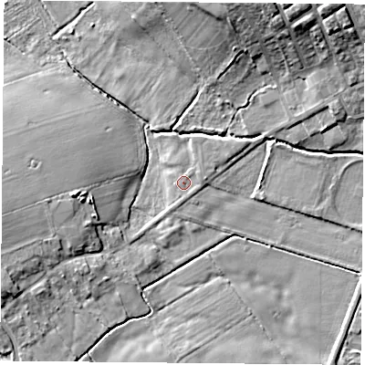 Shaded relief map of the ground around DN69LE, computed from Environment Agency LiDAR. The ground here sits at about 6 m above sea level and falls 14 m across the surrounding 800 m. Surface water reaching this point runs off ground lying to the south-south-east, 0.7 m higher.