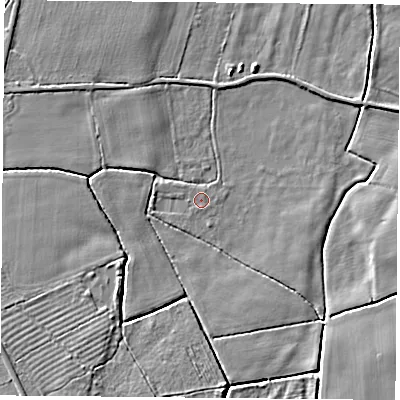 Shaded relief map of the ground around DN69NZ, computed from Environment Agency LiDAR. The ground here sits at about 4 m above sea level and falls 4 m across the surrounding 800 m. Surface water reaching this point runs off ground lying to the west, 1.7 m higher.