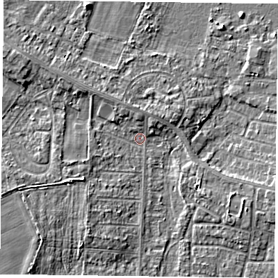 Shaded relief map of the ground around DN74AA, computed from Environment Agency LiDAR. The ground here sits at about 2 m above sea level and falls 5 m across the surrounding 800 m. Surface water reaching this point runs off ground lying to the south-west, 4.2 m higher.
