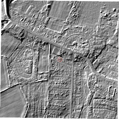 Shaded relief map of the ground around DN74AB, computed from Environment Agency LiDAR. The ground here sits at about 2 m above sea level and falls 9 m across the surrounding 800 m. Surface water reaching this point runs off ground lying to the south-west, 3.9 m higher.
