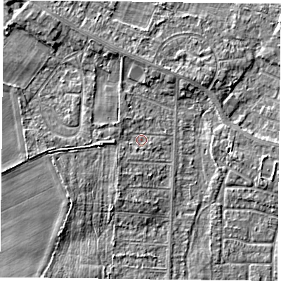 Shaded relief map of the ground around DN74AD, computed from Environment Agency LiDAR. The ground here sits at about 3 m above sea level and falls 5 m across the surrounding 800 m. Surface water reaching this point runs off ground lying to the west, 3.3 m higher.
