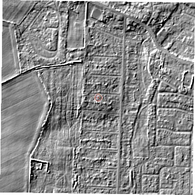 Shaded relief map of the ground around DN74AG, computed from Environment Agency LiDAR. The ground here sits at about 4 m above sea level and falls 6 m across the surrounding 800 m. Surface water reaching this point runs off ground lying to the west, 1.2 m higher.