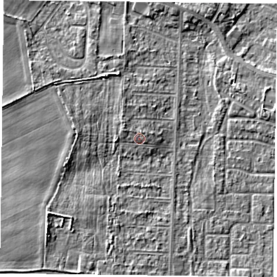 Shaded relief map of the ground around DN74AH, computed from Environment Agency LiDAR. The ground here sits at about 4 m above sea level and falls 5 m across the surrounding 800 m. Surface water reaching this point runs off ground lying to the north-north-east, 1.0 m higher.