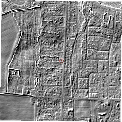 Shaded relief map of the ground around DN74AL, computed from Environment Agency LiDAR. The ground here sits at about 3 m above sea level and falls 5 m across the surrounding 800 m. Surface water reaching this point runs off ground lying to the west, 3.9 m higher.