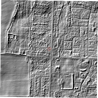 Shaded relief map of the ground around DN74AP, computed from Environment Agency LiDAR. The ground here sits at about 4 m above sea level and falls 5 m across the surrounding 800 m. Surface water reaching this point runs off ground lying to the west, 0.8 m higher.
