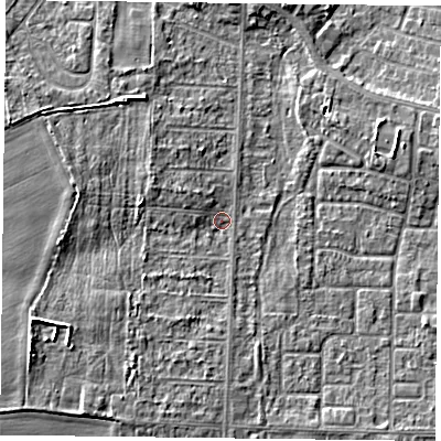 Shaded relief map of the ground around DN74AQ, computed from Environment Agency LiDAR. The ground here sits at about 2 m above sea level and falls 5 m across the surrounding 800 m. Surface water reaching this point runs off ground lying to the west-south-west, 4.5 m higher.