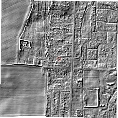 Shaded relief map of the ground around DN74AR, computed from Environment Agency LiDAR. The ground here sits at about 4 m above sea level and falls 5 m across the surrounding 800 m. Surface water reaching this point runs off ground lying to the west, 0.6 m higher.