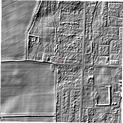 Shaded relief map of the ground around DN74AS, computed from Environment Agency LiDAR. The ground here sits at about 4 m above sea level and falls 5 m across the surrounding 800 m. The ground contributing surface water to this point lies to the east.