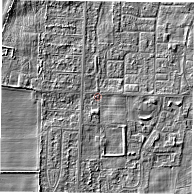 Shaded relief map of the ground around DN74AU, computed from Environment Agency LiDAR. The ground here sits at about 3 m above sea level and falls 4 m across the surrounding 800 m. Surface water reaching this point runs off ground lying to the south-west, 2.6 m higher.
