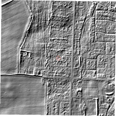 Shaded relief map of the ground around DN74AW, computed from Environment Agency LiDAR. The ground here sits at about 4 m above sea level and falls 5 m across the surrounding 800 m. Surface water reaching this point runs off ground lying to the west-north-west, 2.9 m higher.