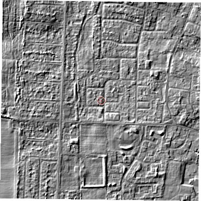 Shaded relief map of the ground around DN74AY, computed from Environment Agency LiDAR. The ground here sits at about 3 m above sea level and falls 3 m across the surrounding 800 m. Surface water reaching this point runs off ground lying to the south, 1.3 m higher.