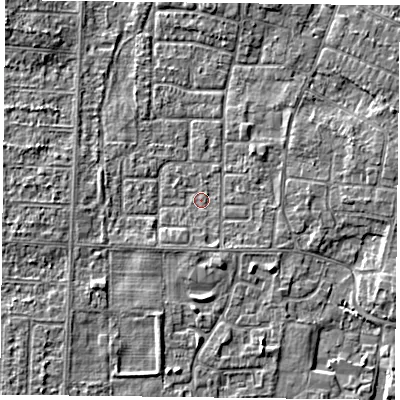 Shaded relief map of the ground around DN74BA, computed from Environment Agency LiDAR. The ground here sits at about 2 m above sea level and falls 3 m across the surrounding 800 m. Surface water reaching this point runs off ground lying to the south-south-west, 1.3 m higher.