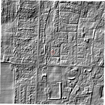 Shaded relief map of the ground around DN74BB, computed from Environment Agency LiDAR. The ground here sits at about 3 m above sea level and falls 3 m across the surrounding 800 m. Surface water reaching this point runs off ground lying to the west-south-west, 1.3 m higher.