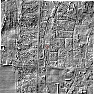 Shaded relief map of the ground around DN74BD, computed from Environment Agency LiDAR. The ground here sits at about 3 m above sea level and falls 4 m across the surrounding 800 m. Surface water reaching this point runs off ground lying to the south-west, 1.2 m higher.