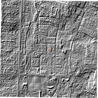 Shaded relief map of the ground around DN74BE, computed from Environment Agency LiDAR. The ground here sits at about 2 m above sea level and falls 3 m across the surrounding 800 m. Surface water reaching this point runs off ground lying to the east, 2.1 m higher.