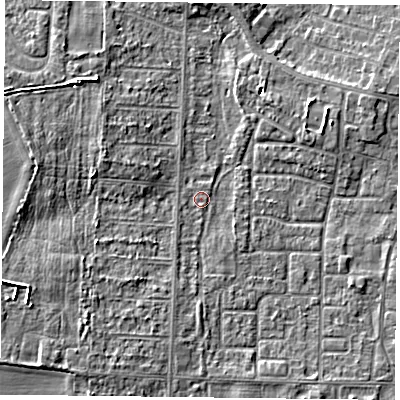 Shaded relief map of the ground around DN74BF, computed from Environment Agency LiDAR. The ground here sits at about 2 m above sea level and falls 5 m across the surrounding 800 m. Surface water reaching this point runs off ground lying to the west-south-west, 4.1 m higher.