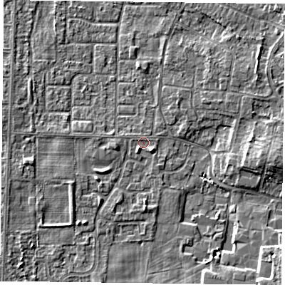 Shaded relief map of the ground around DN74BG, computed from Environment Agency LiDAR. The ground here sits at about 3 m above sea level and falls 5 m across the surrounding 800 m. Surface water reaching this point runs off ground lying to the south-west, 2.0 m higher.