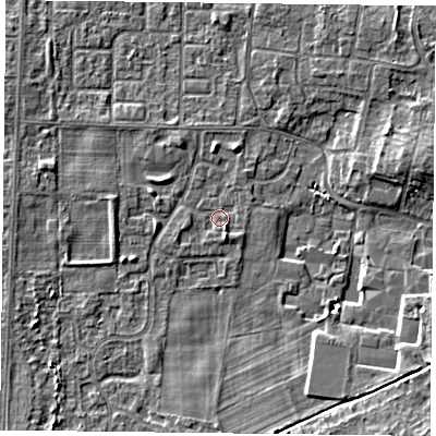 Shaded relief map of the ground around DN74BJ, computed from Environment Agency LiDAR. The ground here sits at about 3 m above sea level and falls 6 m across the surrounding 800 m. Surface water reaching this point runs off ground lying to the south-south-east, 1.5 m higher.