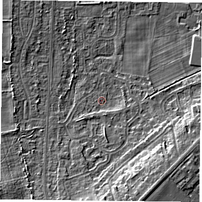 Shaded relief map of the ground around DN74BN, computed from Environment Agency LiDAR. The ground here sits at about 4 m above sea level and falls 12 m across the surrounding 800 m. Surface water reaching this point runs off ground lying to the south-south-east, 2.1 m higher.