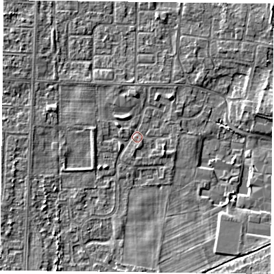 Shaded relief map of the ground around DN74BQ, computed from Environment Agency LiDAR. The ground here sits at about 3 m above sea level and falls 5 m across the surrounding 800 m. Surface water reaching this point runs off ground lying to the south, 2.1 m higher.