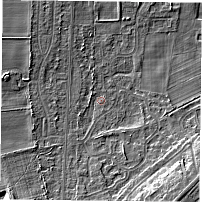 Shaded relief map of the ground around DN74BW, computed from Environment Agency LiDAR. The ground here sits at about 4 m above sea level and falls 11 m across the surrounding 800 m. Surface water reaching this point runs off ground lying to the east-north-east, 0.7 m higher.