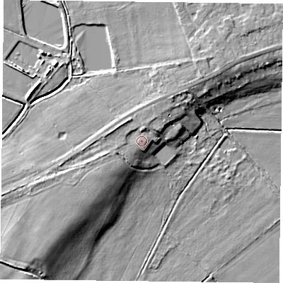 Shaded relief map of the ground around DN74DB, computed from Environment Agency LiDAR. The ground here sits at about 8 m above sea level and falls 10 m across the surrounding 800 m. Surface water reaching this point runs off ground lying to the south-west, 2.2 m higher.