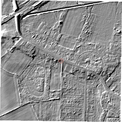Shaded relief map of the ground around DN74DY, computed from Environment Agency LiDAR. The ground here sits at about 4 m above sea level and falls 9 m across the surrounding 800 m. Surface water reaching this point runs off ground lying to the north-west, 1.4 m higher.