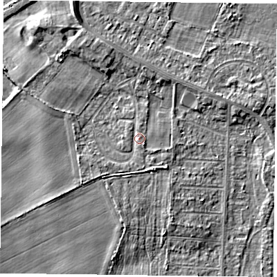 Shaded relief map of the ground around DN74EA, computed from Environment Agency LiDAR. The ground here sits at about 4 m above sea level and falls 6 m across the surrounding 800 m. Surface water reaching this point runs off ground lying to the south-south-west, 1.2 m higher.