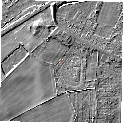 Shaded relief map of the ground around DN74EB, computed from Environment Agency LiDAR. The ground here sits at about 3 m above sea level and falls 9 m across the surrounding 800 m. Surface water reaching this point runs off ground lying to the south-south-west, 2.9 m higher.