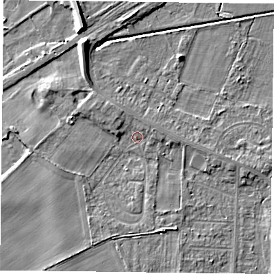 Shaded relief map of the ground around DN74ED, computed from Environment Agency LiDAR. The ground here sits at about 3 m above sea level and falls 9 m across the surrounding 800 m. Surface water reaching this point runs off ground lying to the south-south-west, 3.7 m higher.